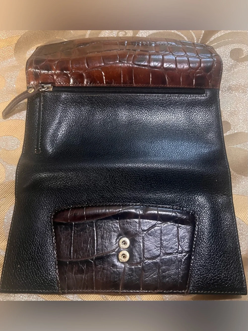 Vintage Brahmin Two-Tone Leather Tri-Fold Checkbook Wallet- Black & Brown Croc